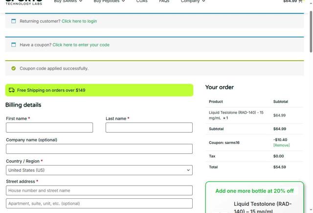 Sports Technology Labs checkout page showing Sports Technology Labs coupon code box | Screenshot taken by SimplyCodes community member on Sep 2, 2025