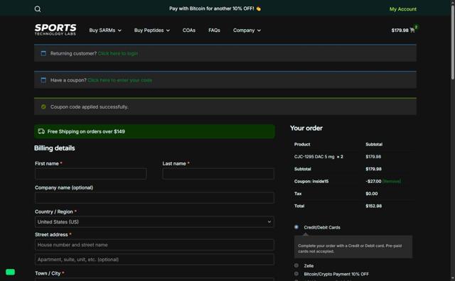 Sports Technology Labs checkout page showing Sports Technology Labs coupon code box | Screenshot taken by SimplyCodes community member on Aug 23, 2025