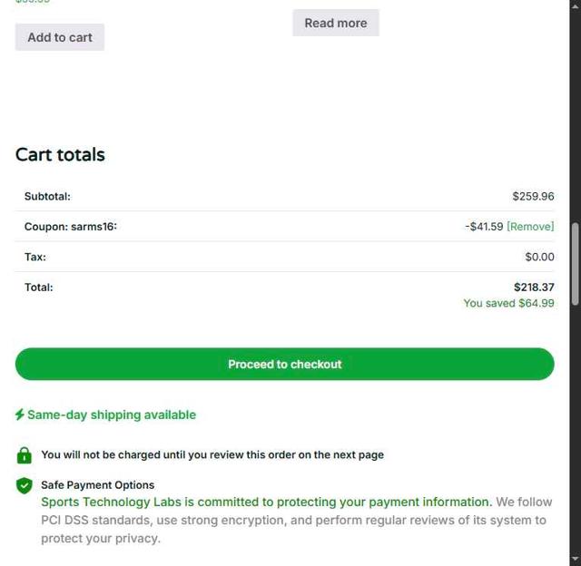 Sports Technology Labs checkout page showing Sports Technology Labs coupon code box | Screenshot taken by SimplyCodes community member on Sep 2, 2025