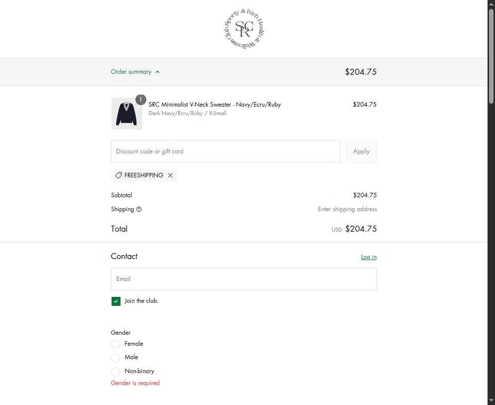 Sporty & Rich checkout page showing Sporty & Rich promo code box | Screenshot taken by SimplyCodes community member on May 19, 2025