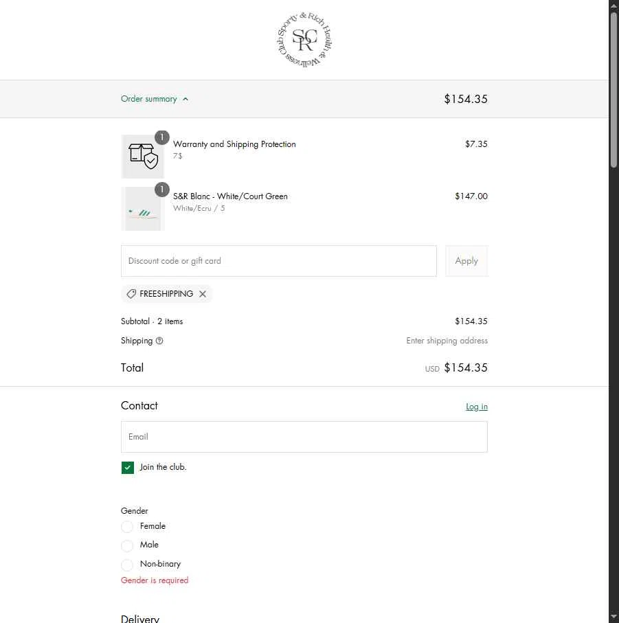 Sporty & Rich checkout page showing Sporty & Rich promo code box | Screenshot taken by SimplyCodes community member on Jun 1, 2025