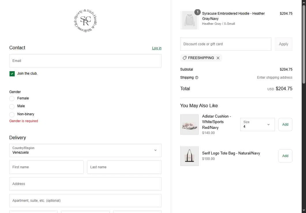 Sporty & Rich checkout page showing Sporty & Rich promo code box | Screenshot taken by SimplyCodes community member on May 9, 2025