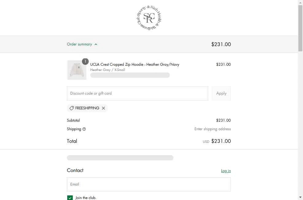Sporty & Rich checkout page showing Sporty & Rich promo code box | Screenshot taken by SimplyCodes community member on May 2, 2025