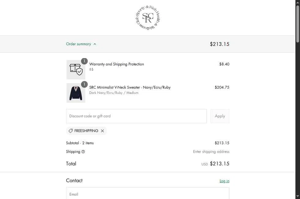 Sporty & Rich checkout page showing Sporty & Rich promo code box | Screenshot taken by SimplyCodes community member on May 19, 2025