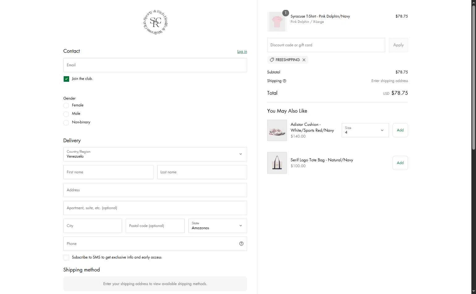 Sporty & Rich checkout page showing Sporty & Rich promo code box | Screenshot taken by SimplyCodes community member on May 9, 2025