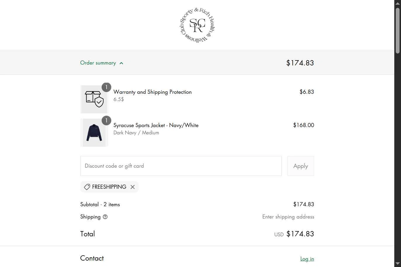 Sporty & Rich checkout page showing Sporty & Rich promo code box | Screenshot taken by SimplyCodes community member on May 9, 2025