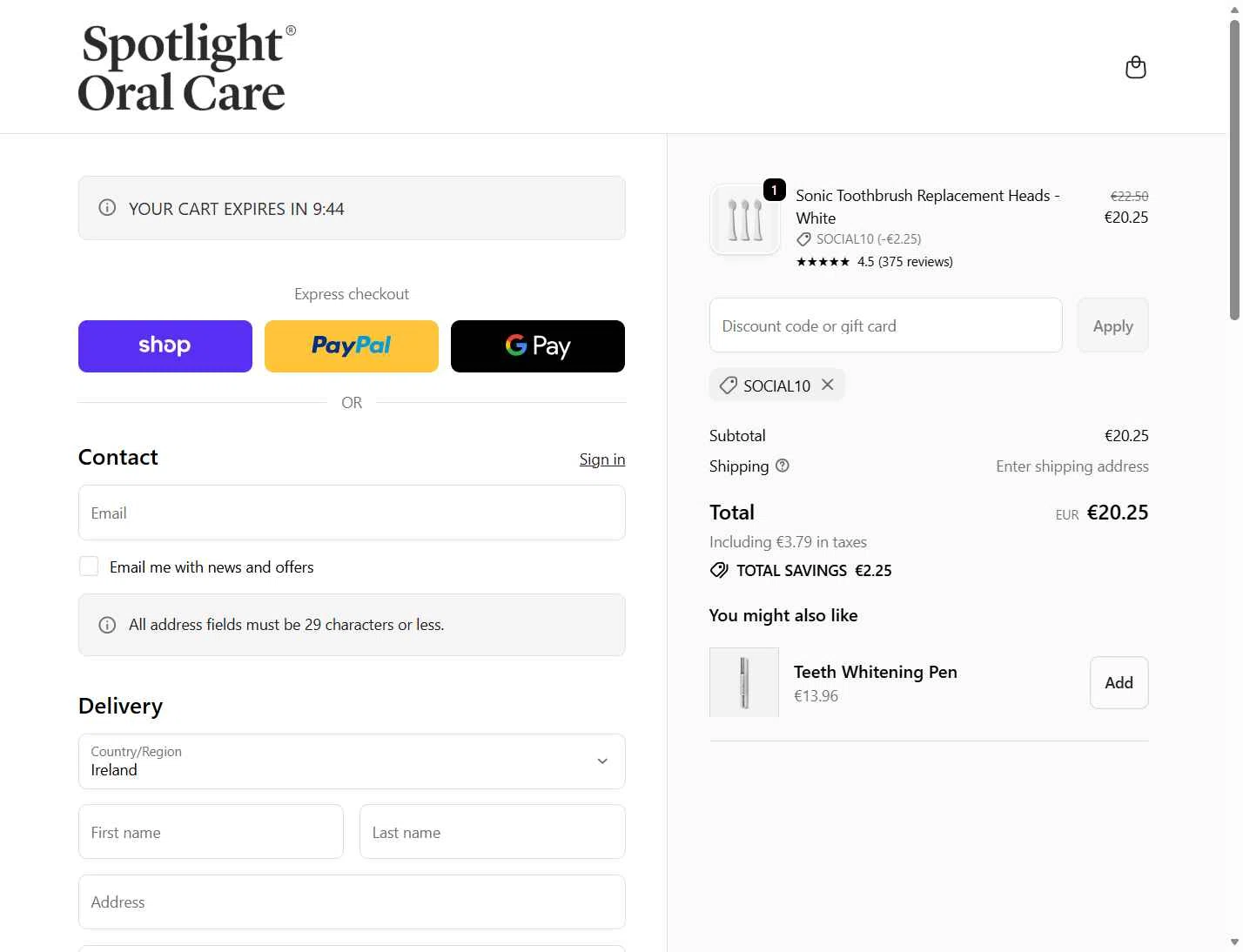 Spotlight Oral Care checkout page showing Spotlight Oral Care discount code box | Screenshot taken by SimplyCodes community member on Dec 25, 2025