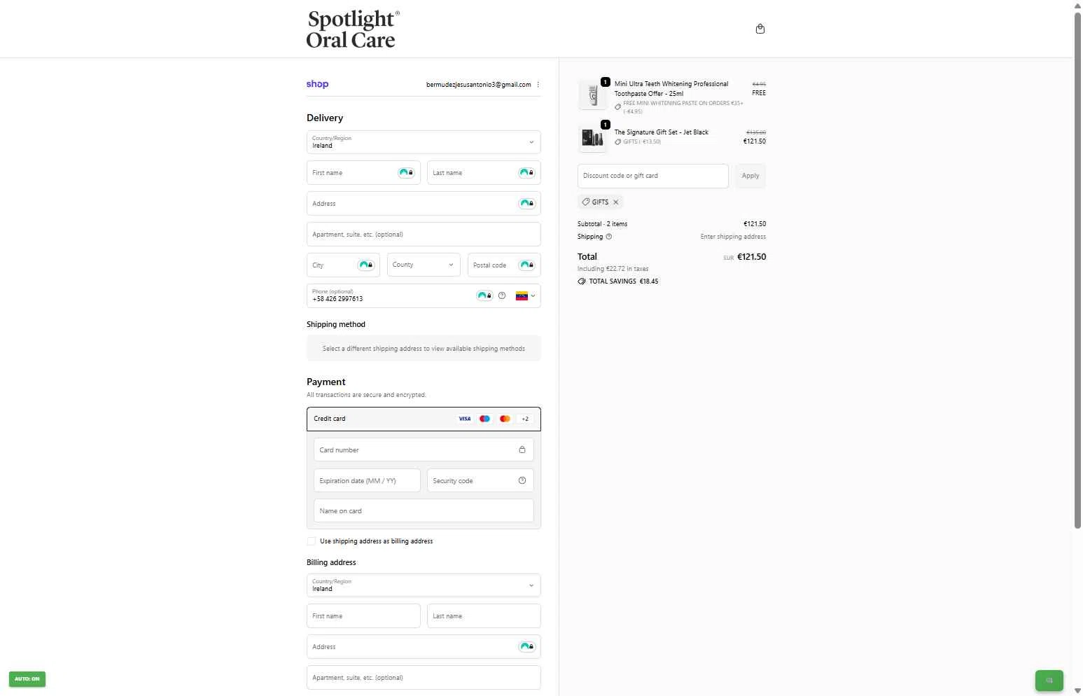 Spotlight Oral Care checkout page showing Spotlight Oral Care discount code box | Screenshot taken by SimplyCodes community member on Dec 30, 2025