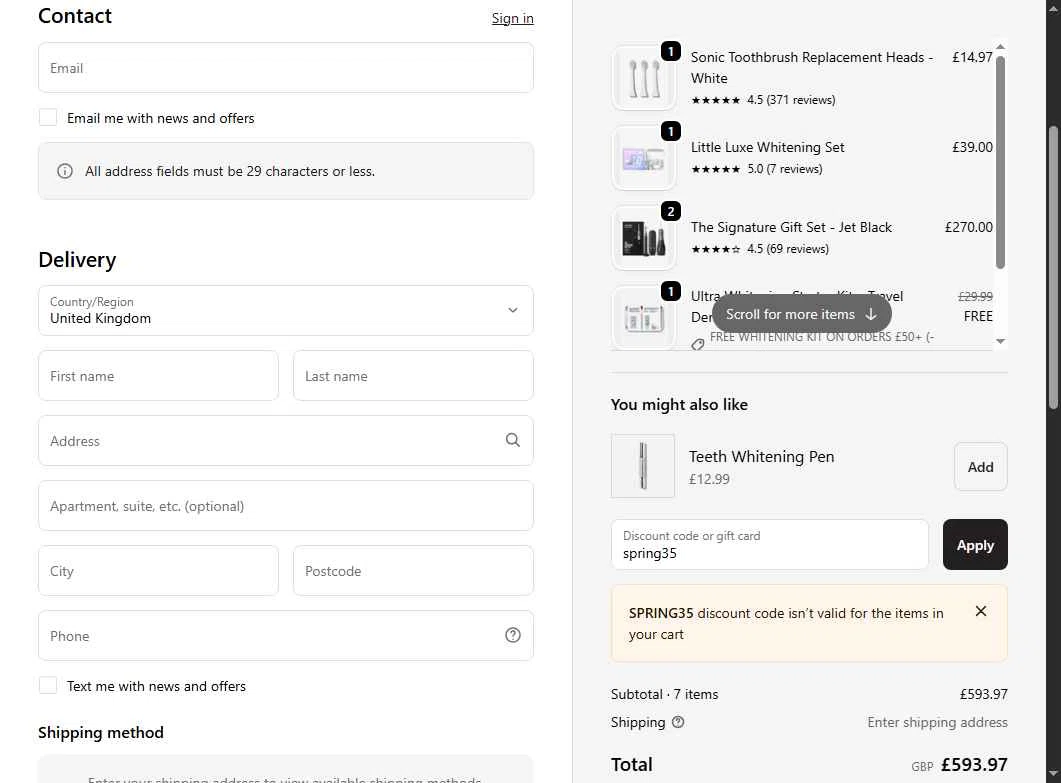 Spotlight Oral Care checkout page showing Spotlight Oral Care discount code box | Screenshot taken by SimplyCodes community member on Dec 16, 2025