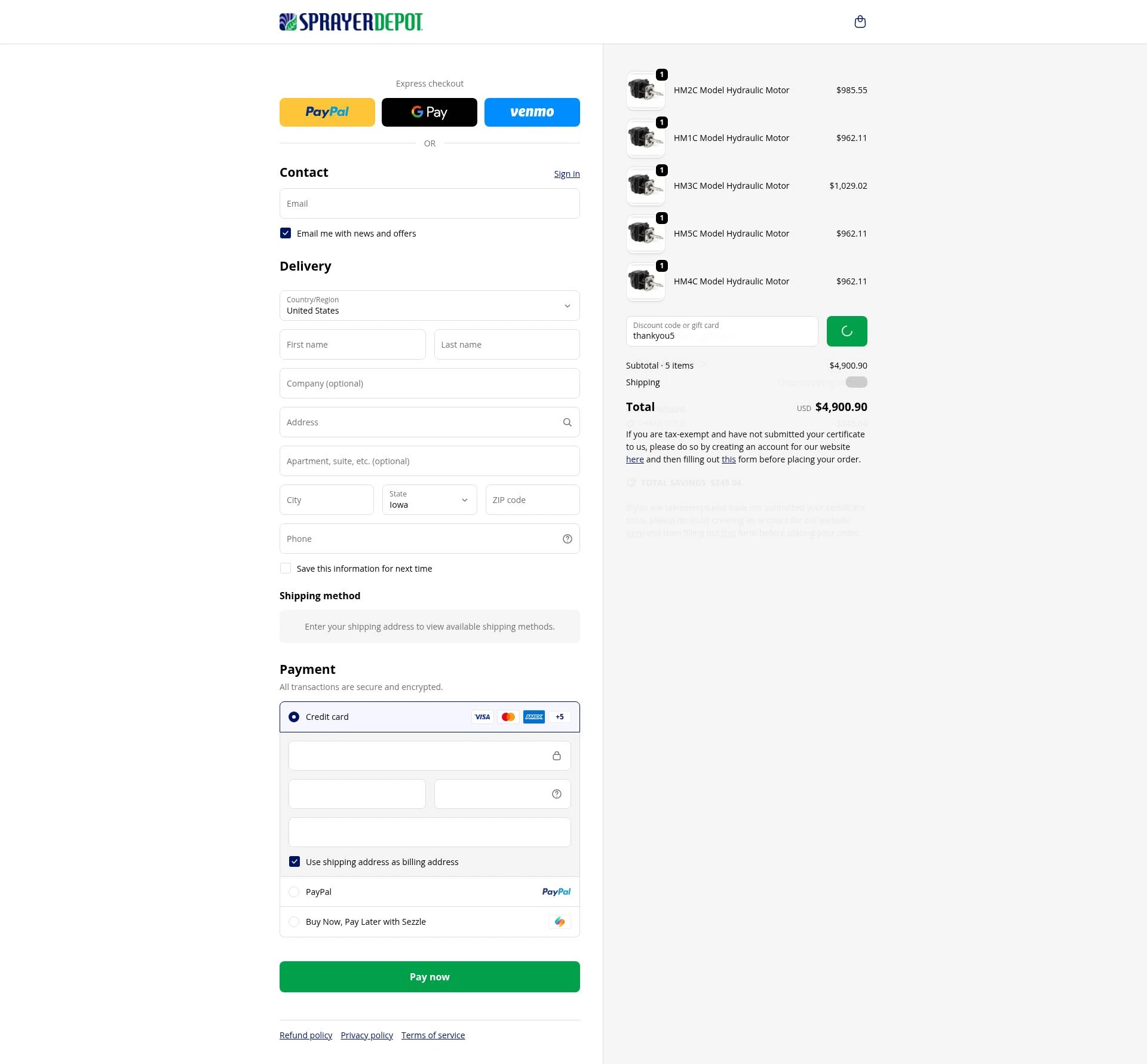 Sprayer Depot checkout page showing Sprayer Depot discount code box | Screenshot taken by SimplyCodes community member on Jan 28, 2026