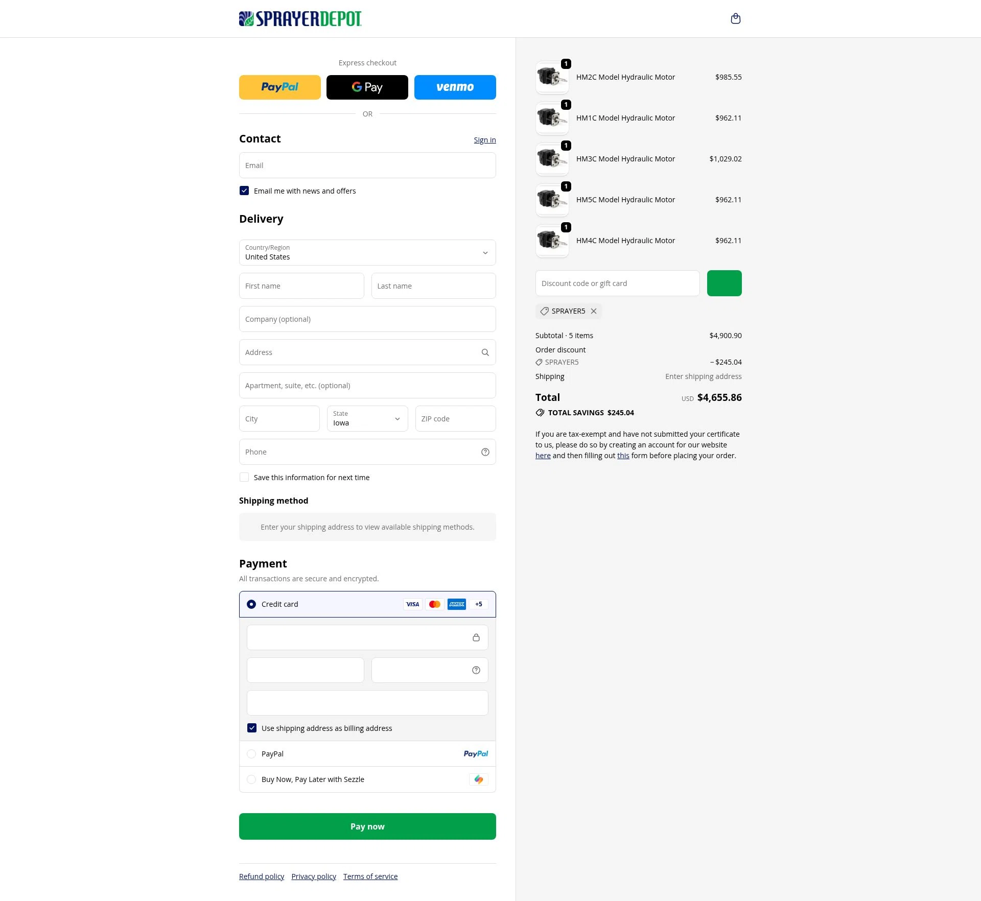 Sprayer Depot checkout page showing Sprayer Depot discount code box | Screenshot taken by SimplyCodes community member on Feb 1, 2026