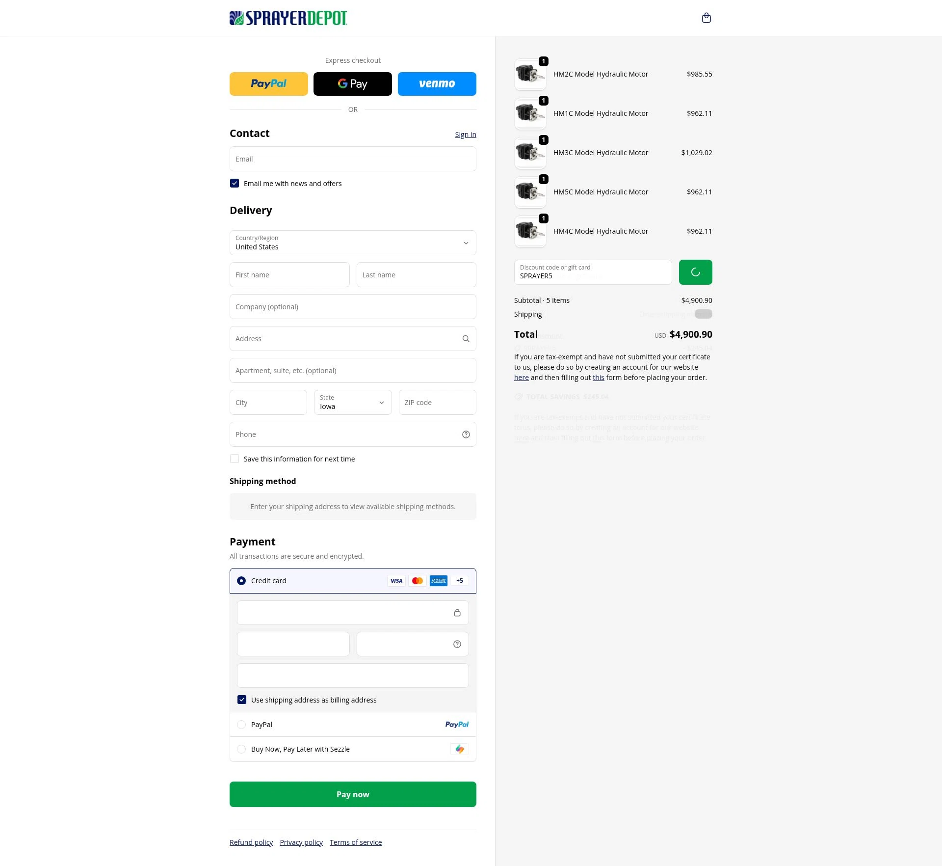 Sprayer Depot checkout page showing Sprayer Depot discount code box | Screenshot taken by SimplyCodes community member on Feb 5, 2026
