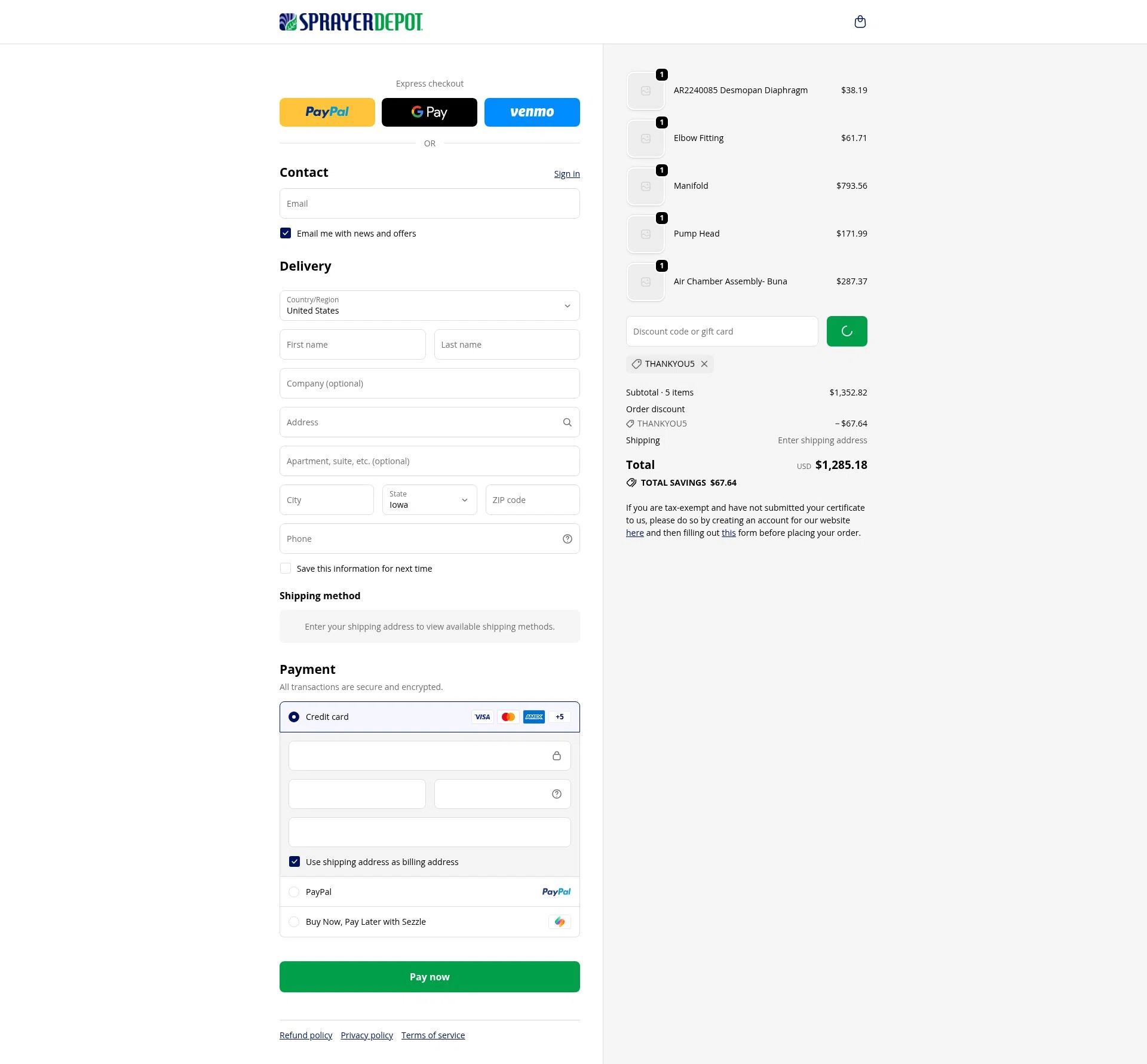 Sprayer Depot checkout page showing Sprayer Depot discount code box | Screenshot taken by SimplyCodes community member on Jan 23, 2026