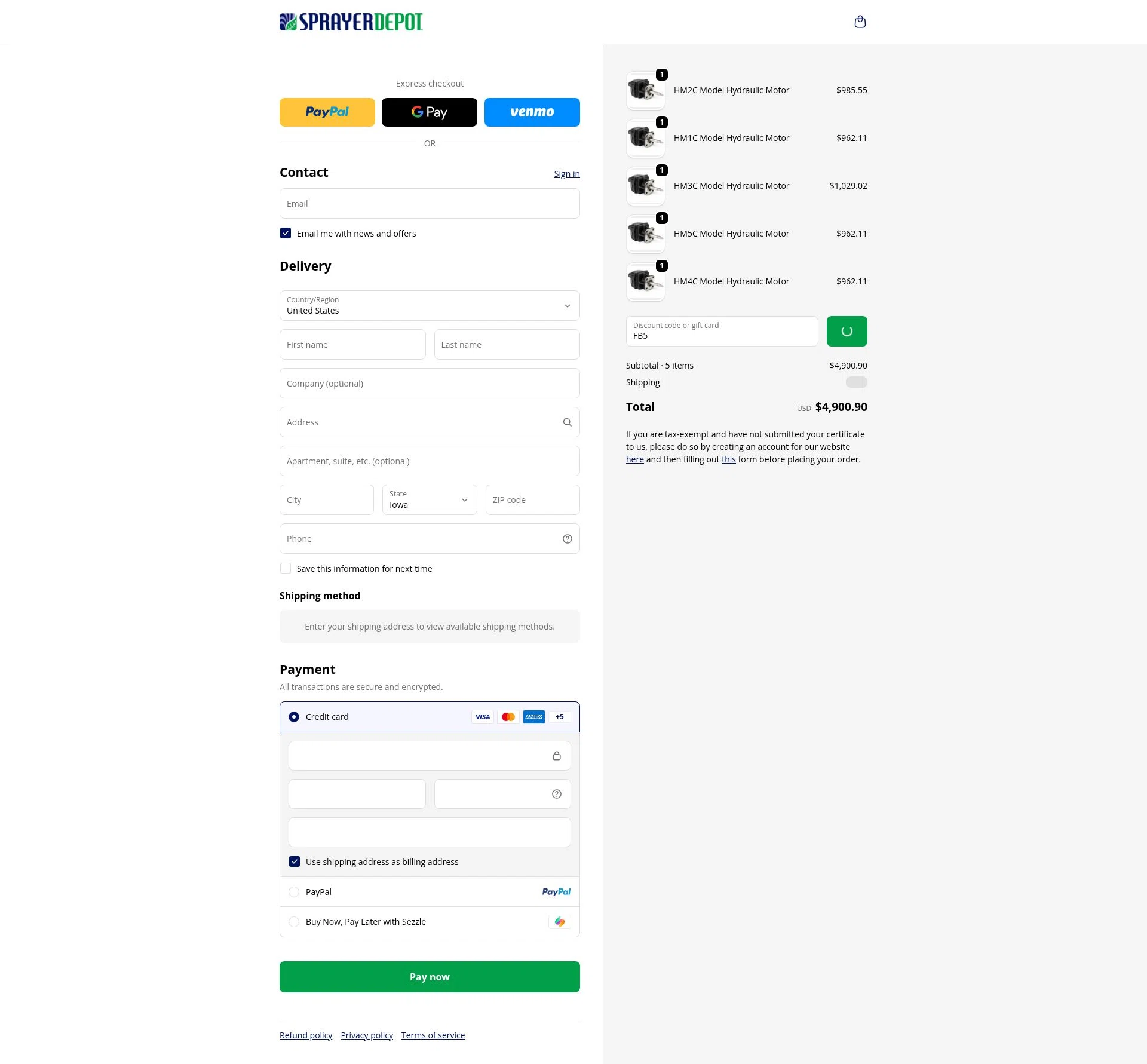 Sprayer Depot checkout page showing Sprayer Depot discount code box | Screenshot taken by SimplyCodes community member on Jan 28, 2026