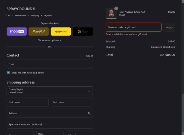 Sprayground checkout page showing Sprayground discount code box | Screenshot taken by SimplyCodes community member on Aug 10, 2025