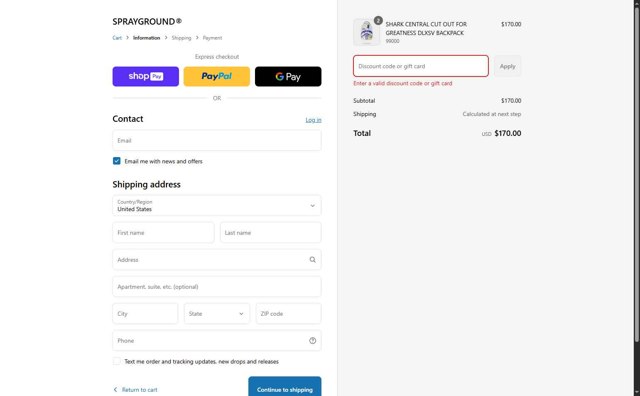 Sprayground checkout page showing Sprayground discount code box | Screenshot taken by SimplyCodes community member on Jul 24, 2025