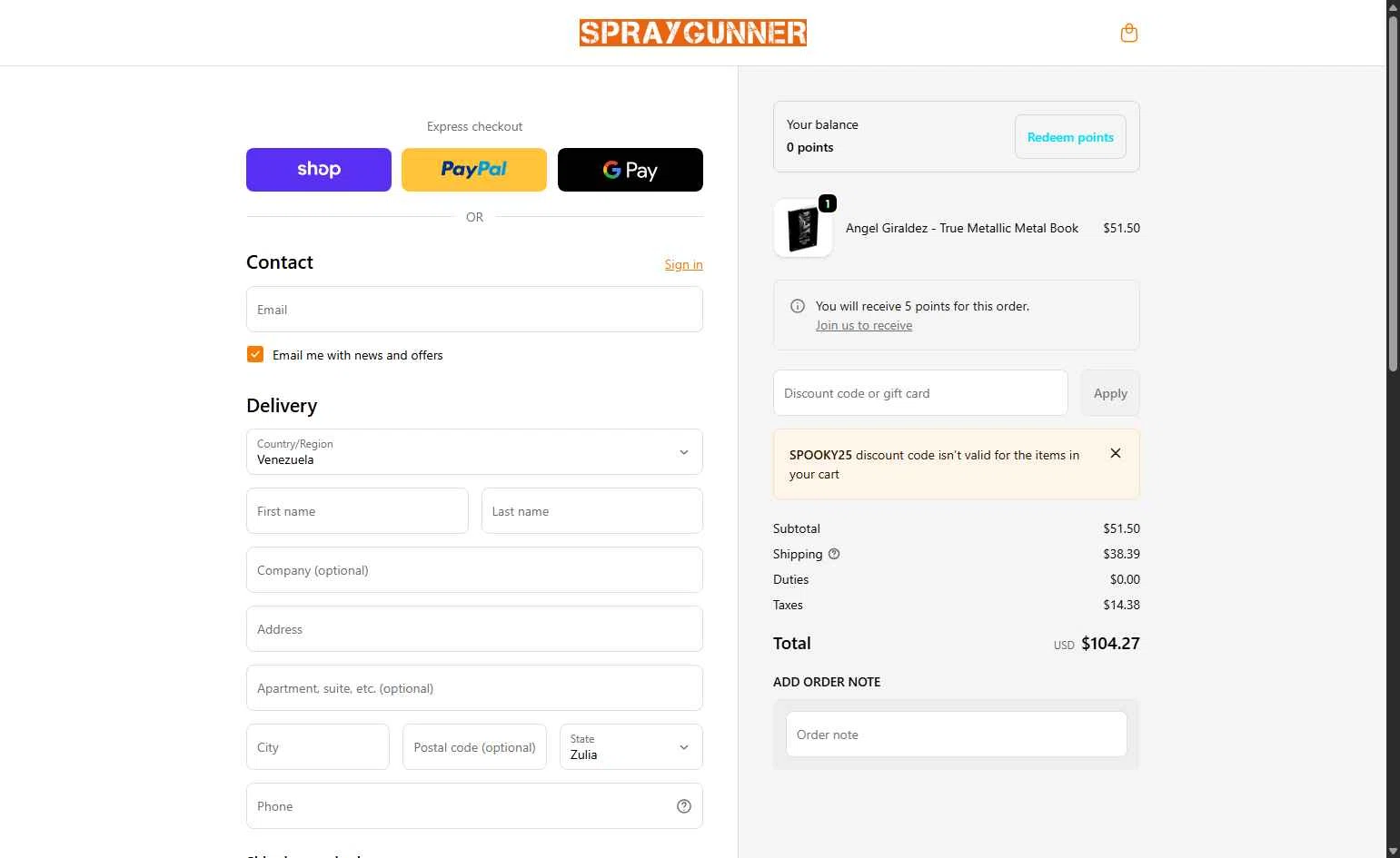 SprayGunner checkout page showing SprayGunner discount code box | Screenshot taken by SimplyCodes community member on Jan 27, 2026