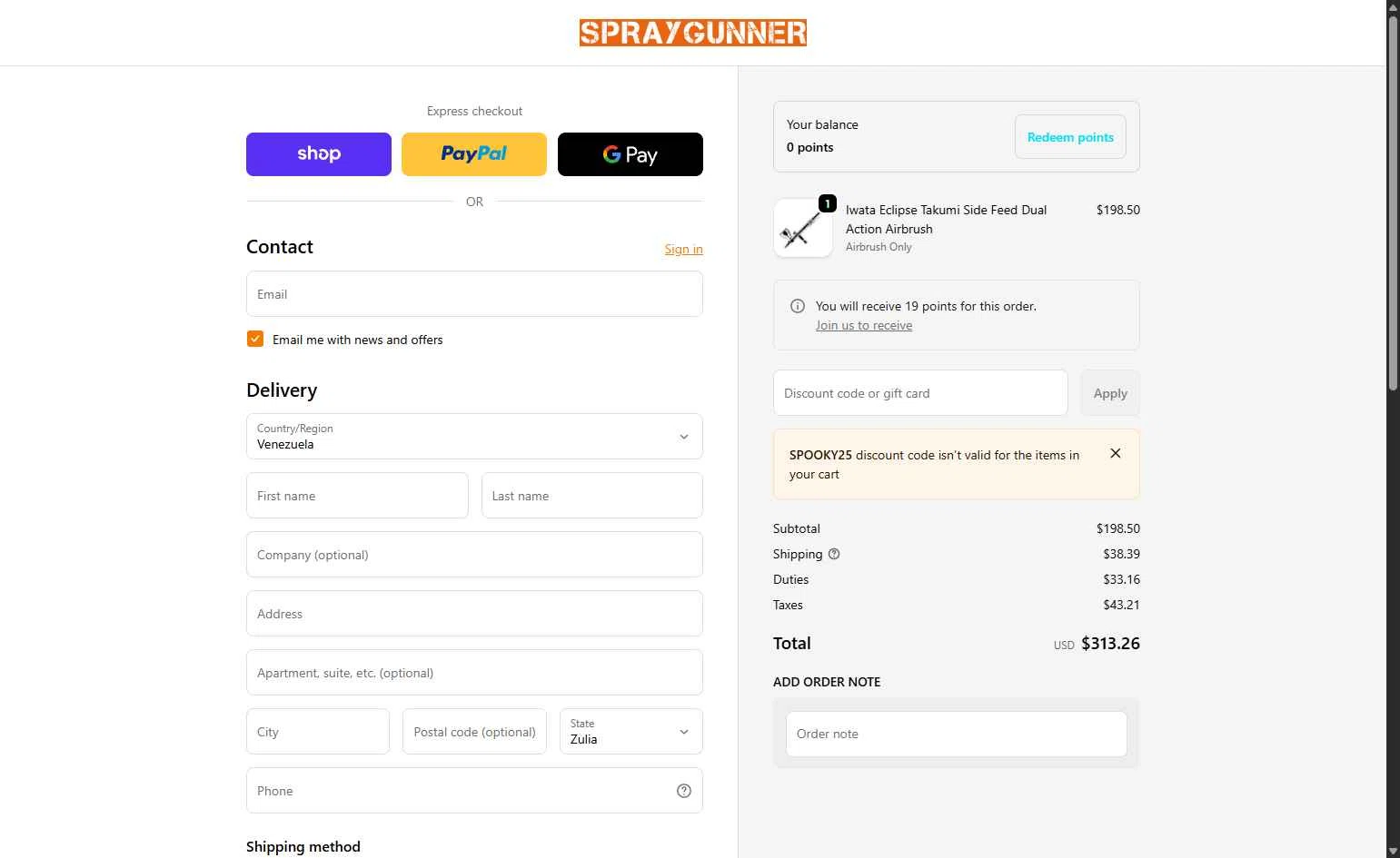 SprayGunner checkout page showing SprayGunner discount code box | Screenshot taken by SimplyCodes community member on Feb 6, 2026