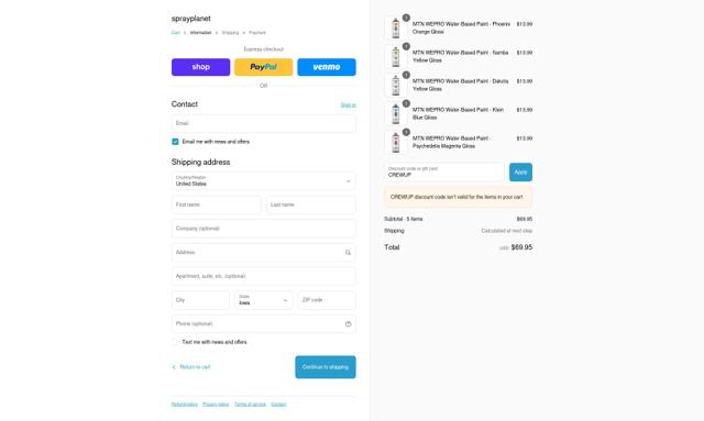 Spray Planet checkout page showing Spray Planet discount code box | Screenshot taken by SimplyCodes community member on Sep 15, 2025