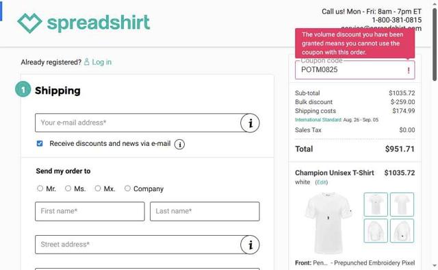 Spreadshirt checkout page showing Spreadshirt coupon code box | Screenshot taken by SimplyCodes community member on Aug 9, 2025