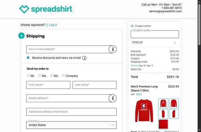 Spreadshirt checkout page showing Spreadshirt coupon code box | Screenshot taken by SimplyCodes community member on Sep 2, 2025