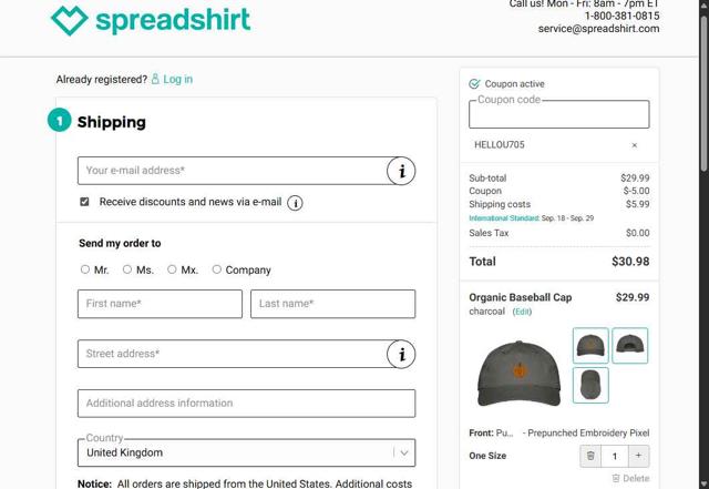 Spreadshirt checkout page showing Spreadshirt coupon code box | Screenshot taken by SimplyCodes community member on Sep 3, 2025