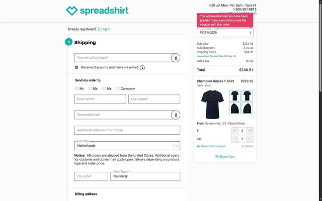 Spreadshirt checkout page showing Spreadshirt coupon code box | Screenshot taken by SimplyCodes community member on Aug 22, 2025