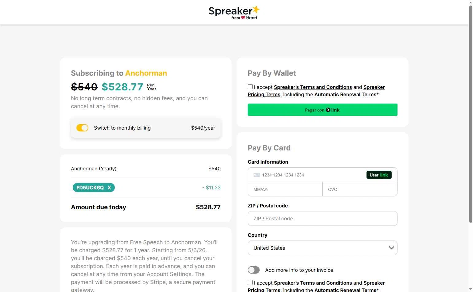 Spreaker checkout page showing Spreaker promo code box | Screenshot taken by SimplyCodes community member on May 6, 2025