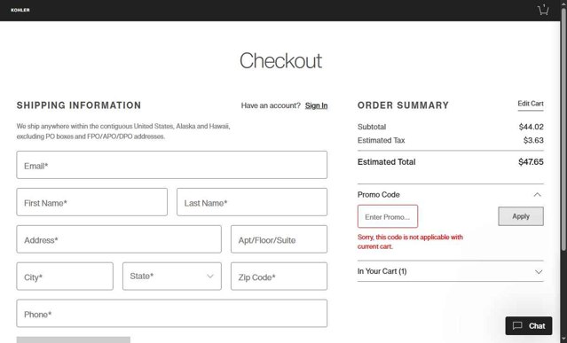 Sprig by Kohler checkout page showing Sprig by Kohler promo code box | Screenshot taken by SimplyCodes community member on Jul 3, 2025