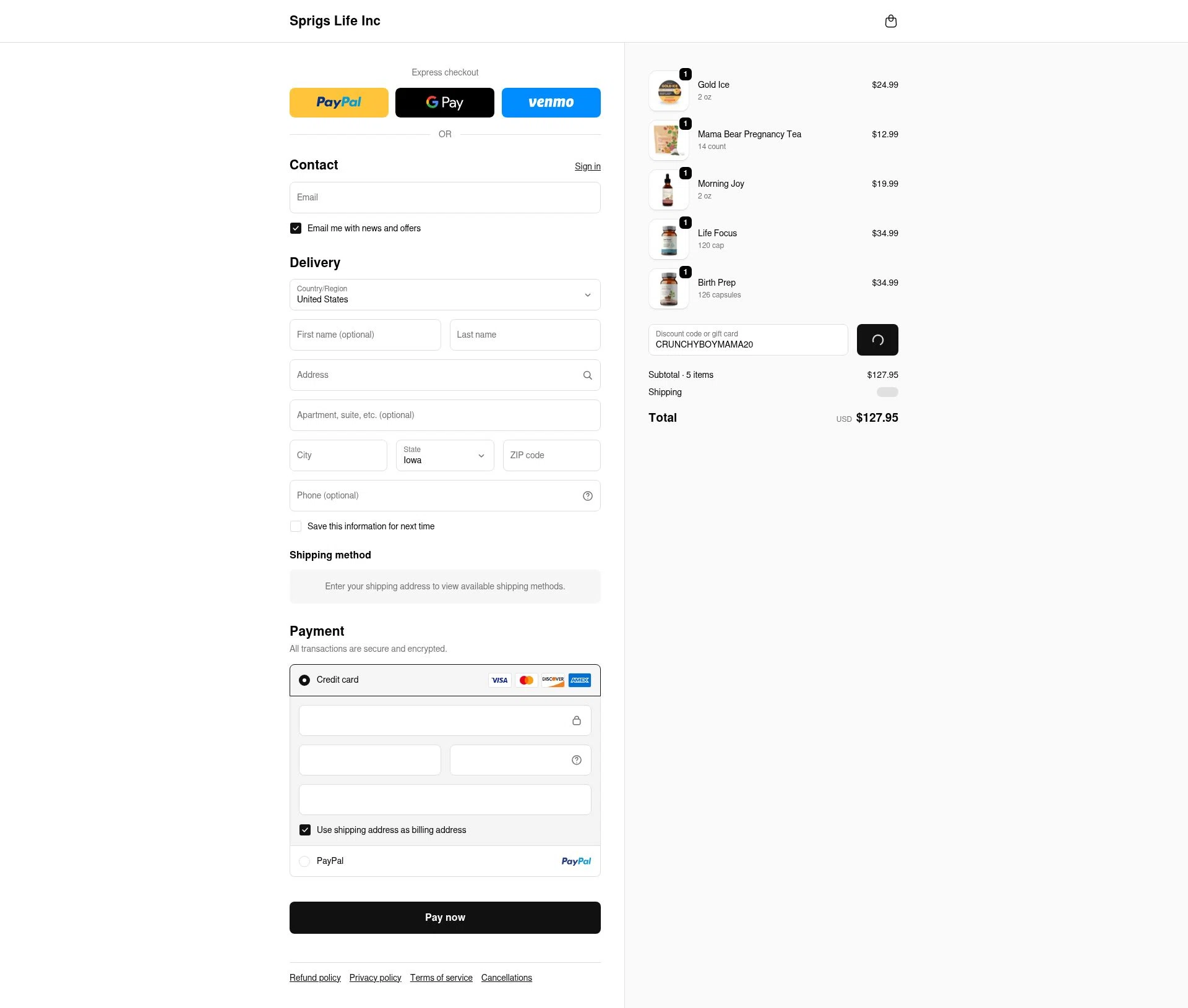 Sprigs Life checkout page showing Sprigs Life promo code box | Screenshot taken by SimplyCodes community member on Feb 21, 2026
