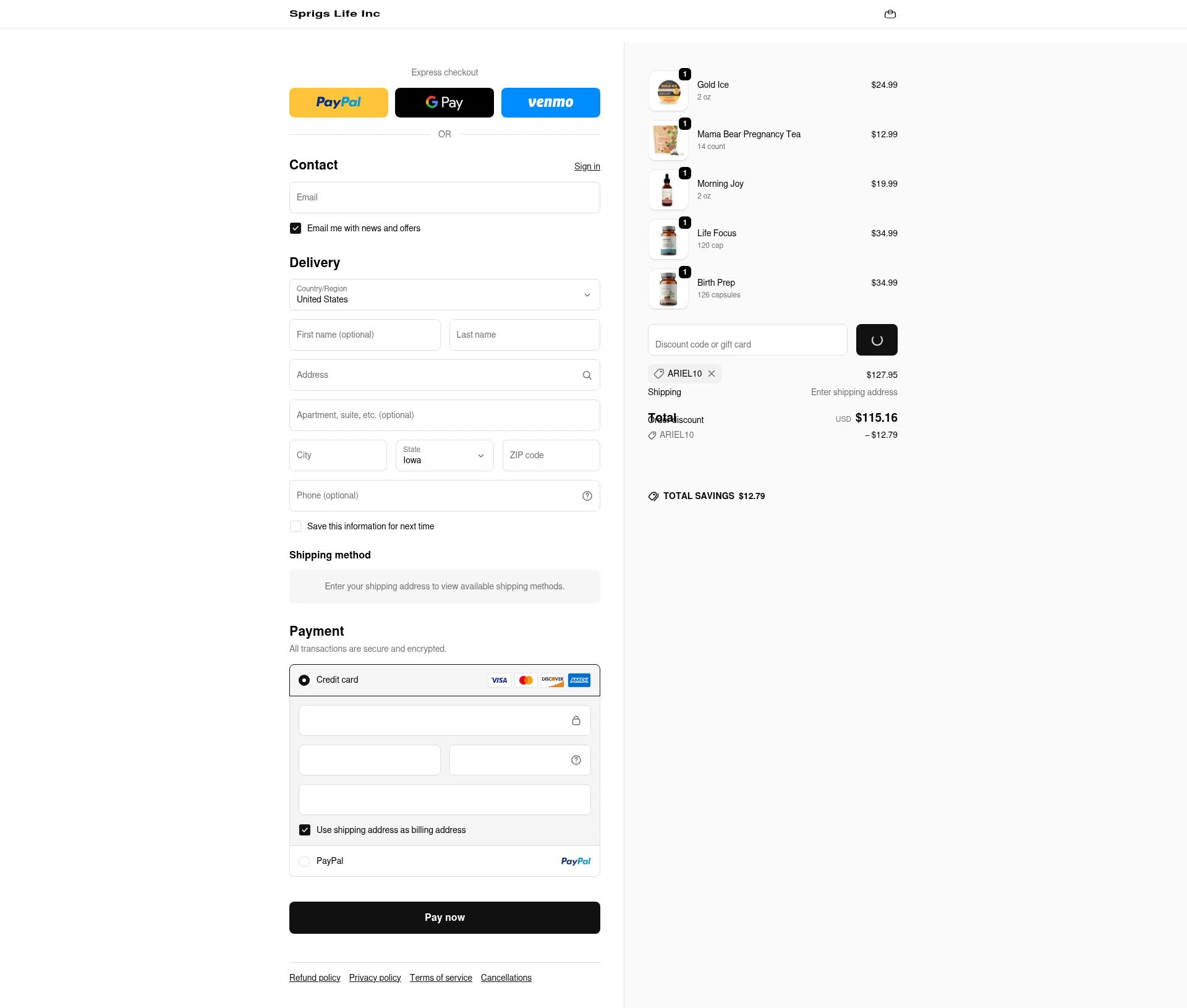 Sprigs Life checkout page showing Sprigs Life promo code box | Screenshot taken by SimplyCodes community member on Feb 21, 2026