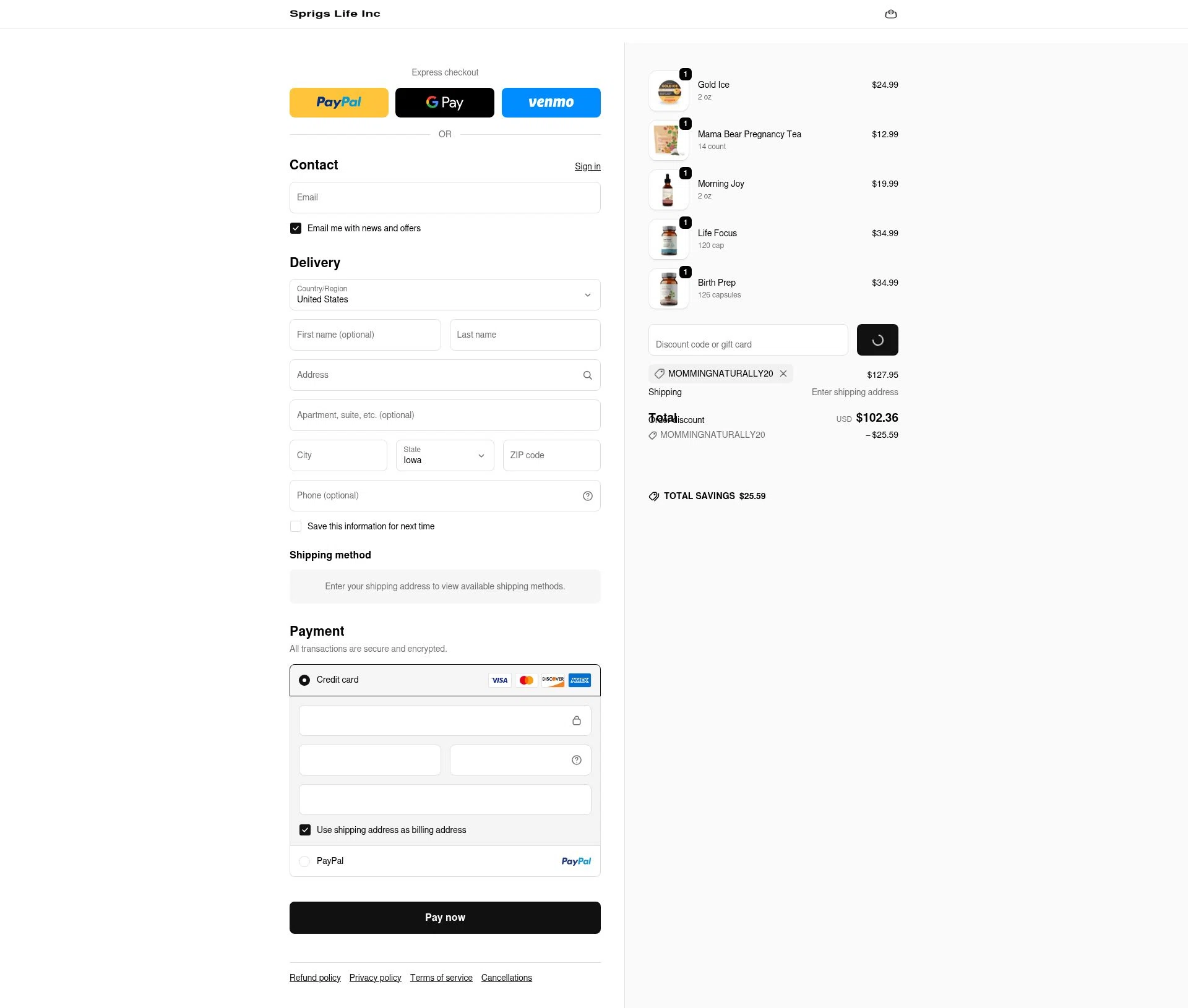 Sprigs Life checkout page showing Sprigs Life promo code box | Screenshot taken by SimplyCodes community member on Feb 21, 2026