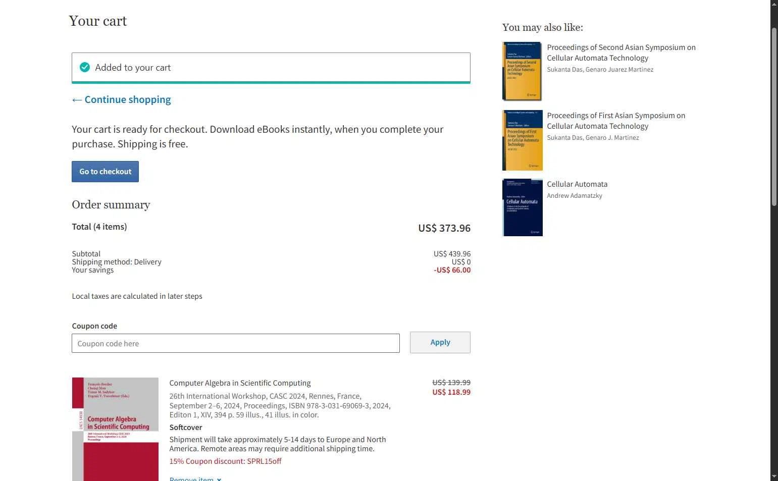SpringerLink checkout page showing SpringerLink coupon code box | Screenshot taken by SimplyCodes community member on Nov 20, 2025