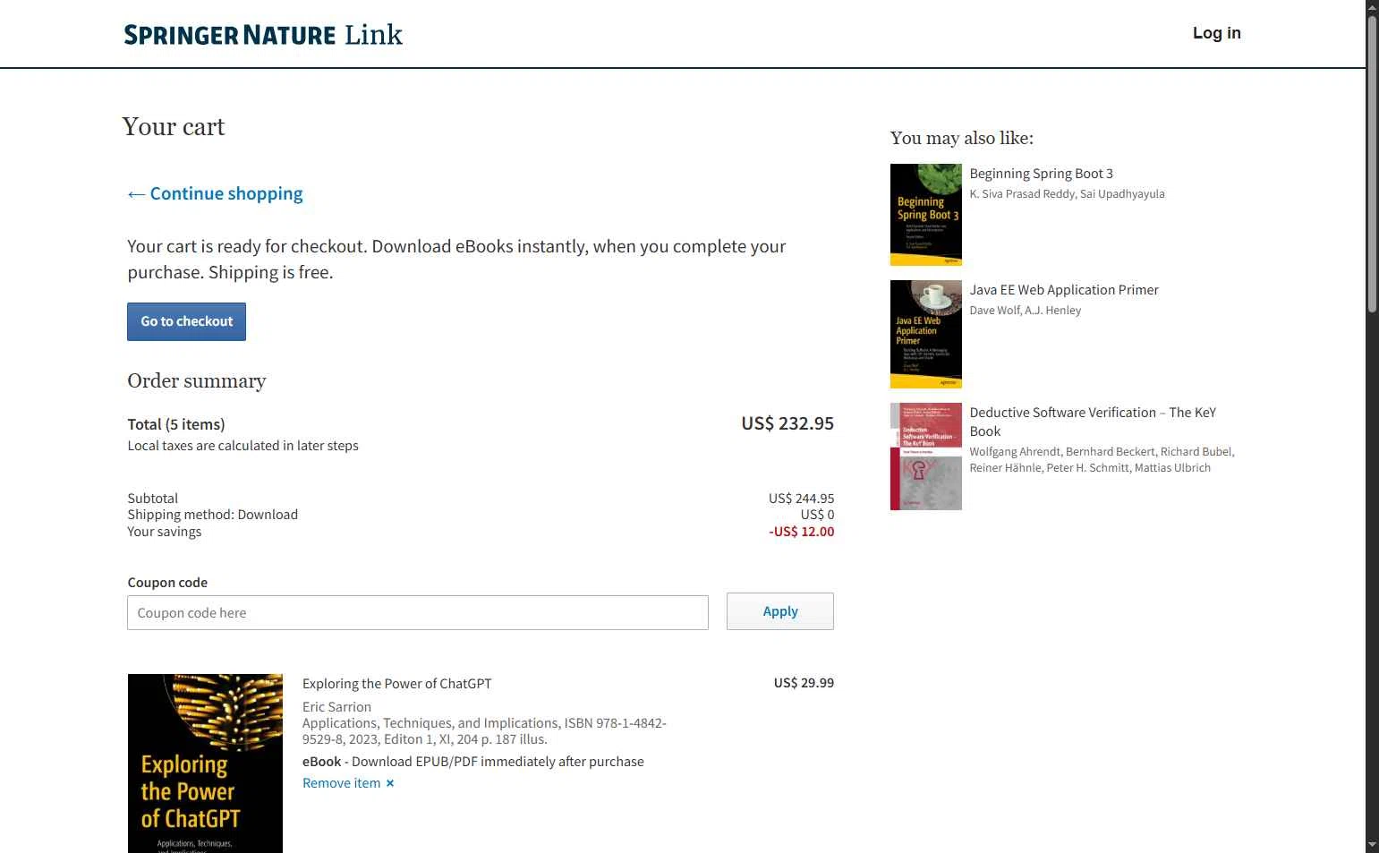 SpringerLink checkout page showing SpringerLink coupon code box | Screenshot taken by SimplyCodes community member on Oct 22, 2025