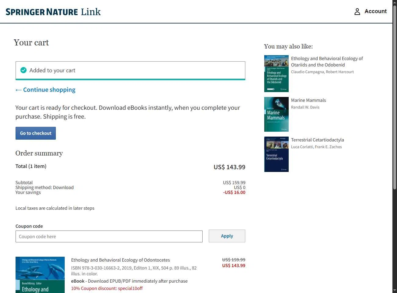SpringerLink checkout page showing SpringerLink coupon code box | Screenshot taken by SimplyCodes community member on Jan 2, 2026