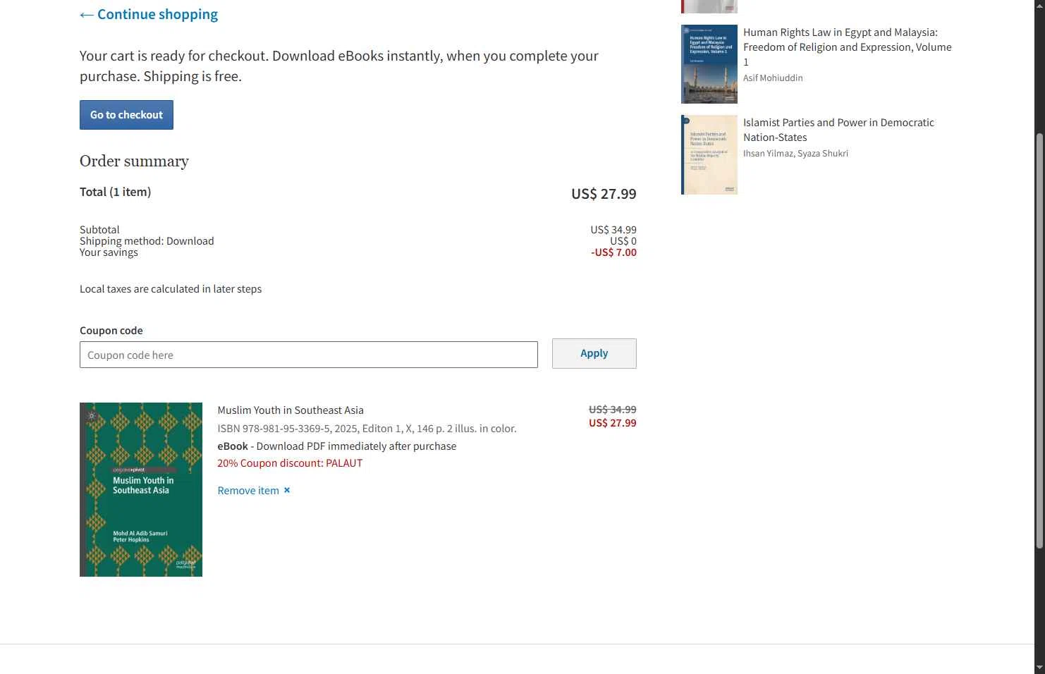 SpringerLink checkout page showing SpringerLink coupon code box | Screenshot taken by SimplyCodes community member on Jan 6, 2026
