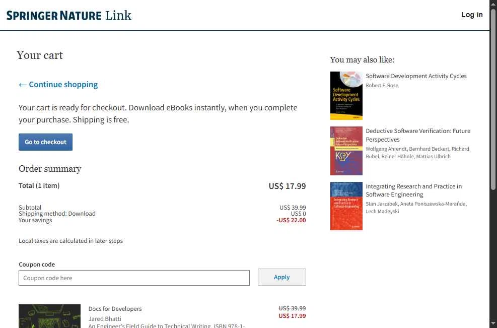 SpringerLink checkout page showing SpringerLink coupon code box | Screenshot taken by SimplyCodes community member on Nov 20, 2025