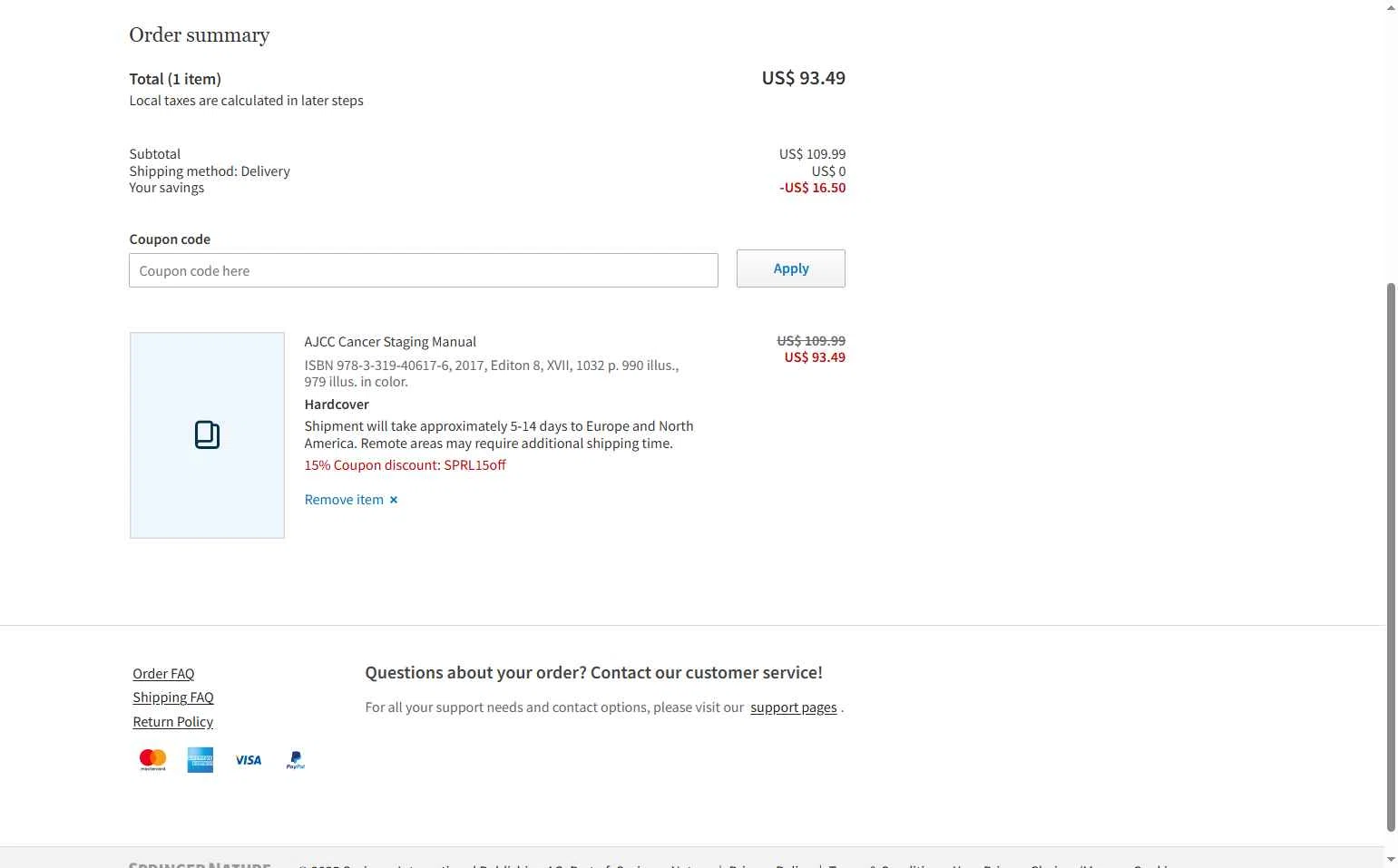 SpringerLink checkout page showing SpringerLink coupon code box | Screenshot taken by SimplyCodes community member on Oct 22, 2025
