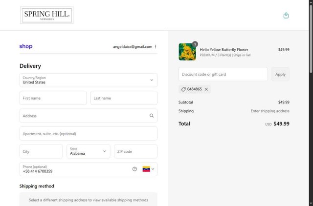 Spring Hill Nursery checkout page showing Spring Hill Nursery coupon code box | Screenshot taken by SimplyCodes community member on Sep 5, 2025