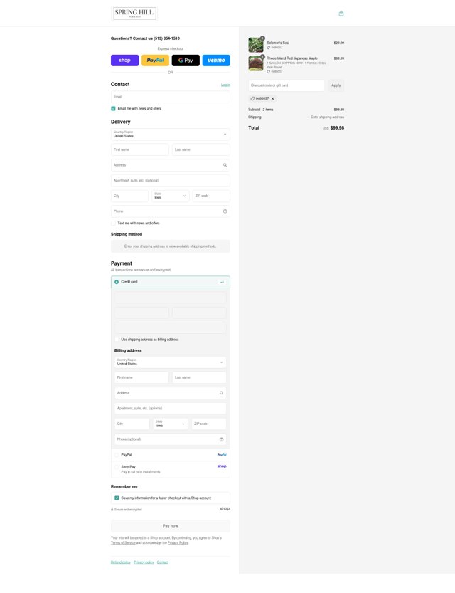 Spring Hill Nursery checkout page showing Spring Hill Nursery coupon code box | Screenshot taken by SimplyCodes community member on Sep 8, 2025