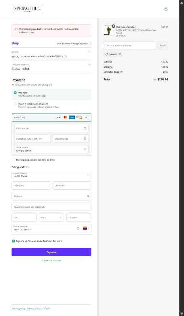 Spring Hill Nursery checkout page showing Spring Hill Nursery coupon code box | Screenshot taken by SimplyCodes community member on Sep 6, 2025