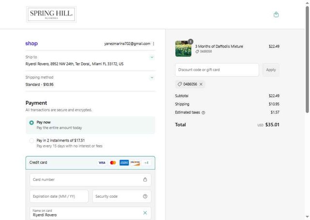 Spring Hill Nursery checkout page showing Spring Hill Nursery coupon code box | Screenshot taken by SimplyCodes community member on Sep 7, 2025