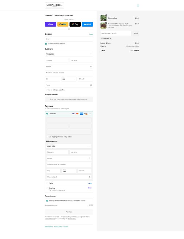 Spring Hill Nursery checkout page showing Spring Hill Nursery coupon code box | Screenshot taken by SimplyCodes community member on Sep 8, 2025