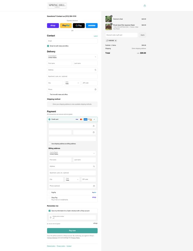 Spring Hill Nursery checkout page showing Spring Hill Nursery coupon code box | Screenshot taken by SimplyCodes community member on Sep 8, 2025
