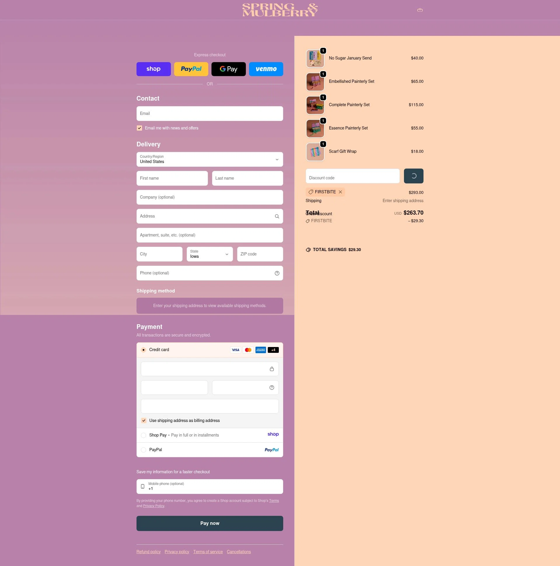 Spring & Mulberry checkout page showing Spring & Mulberry promo code box | Screenshot taken by SimplyCodes community member on Jan 17, 2026