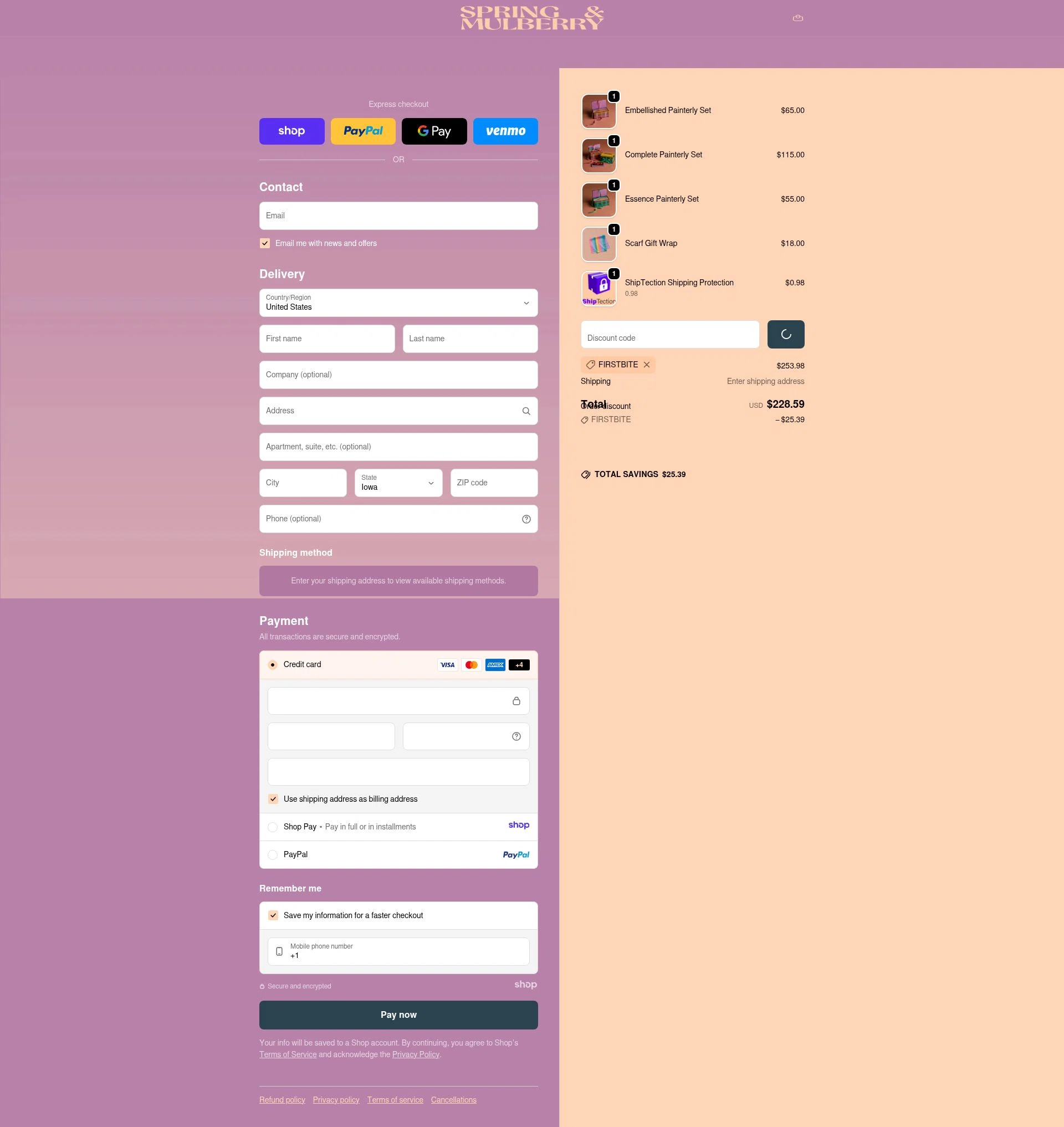 Spring & Mulberry checkout page showing Spring & Mulberry promo code box | Screenshot taken by SimplyCodes community member on Dec 23, 2025