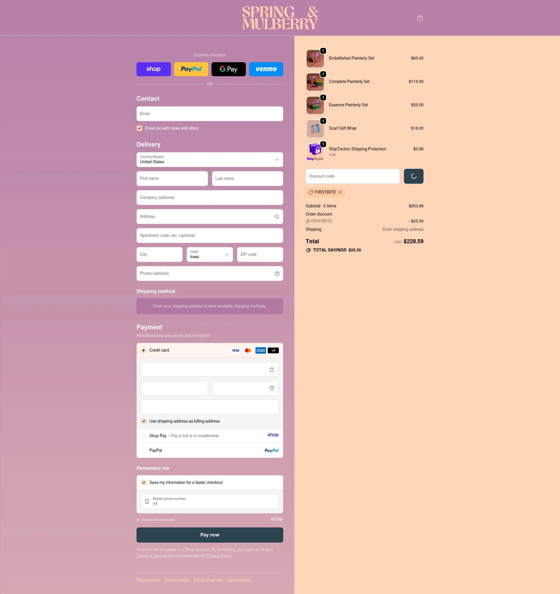 Spring & Mulberry checkout page showing Spring & Mulberry promo code box | Screenshot taken by SimplyCodes community member on Dec 27, 2025