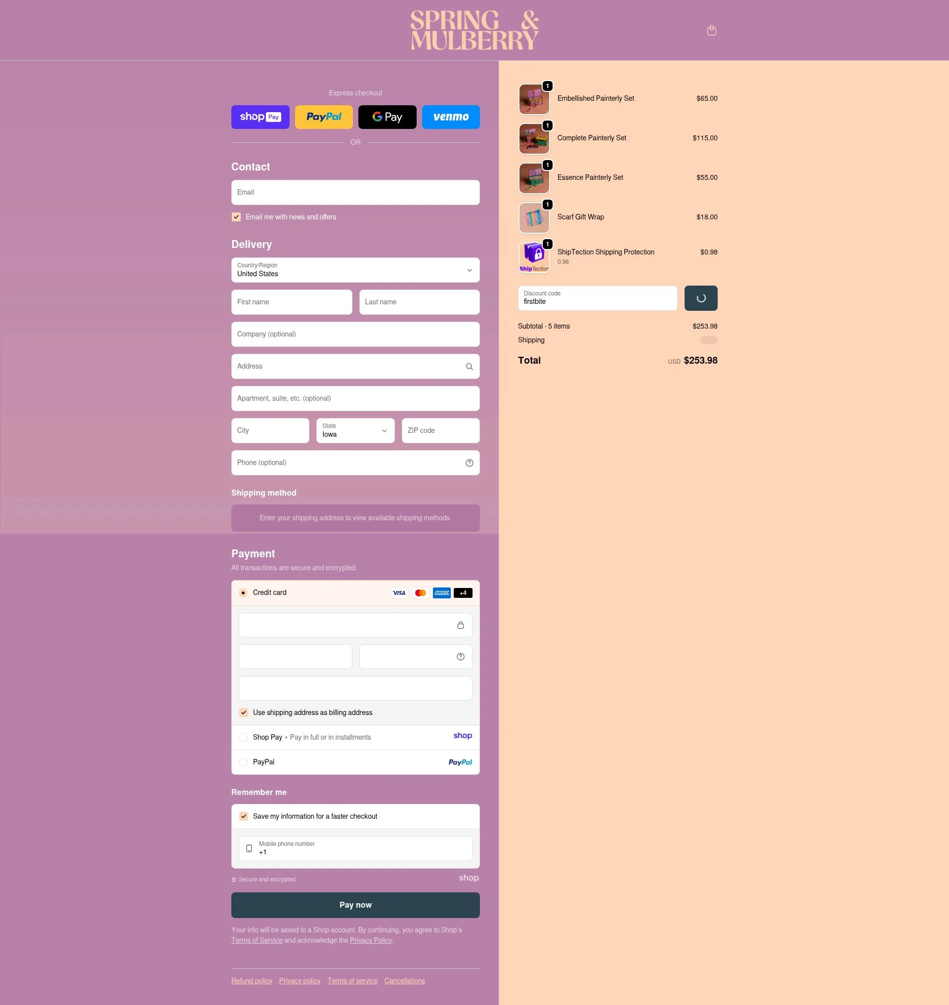 Spring & Mulberry checkout page showing Spring & Mulberry promo code box | Screenshot taken by SimplyCodes community member on Jan 7, 2026