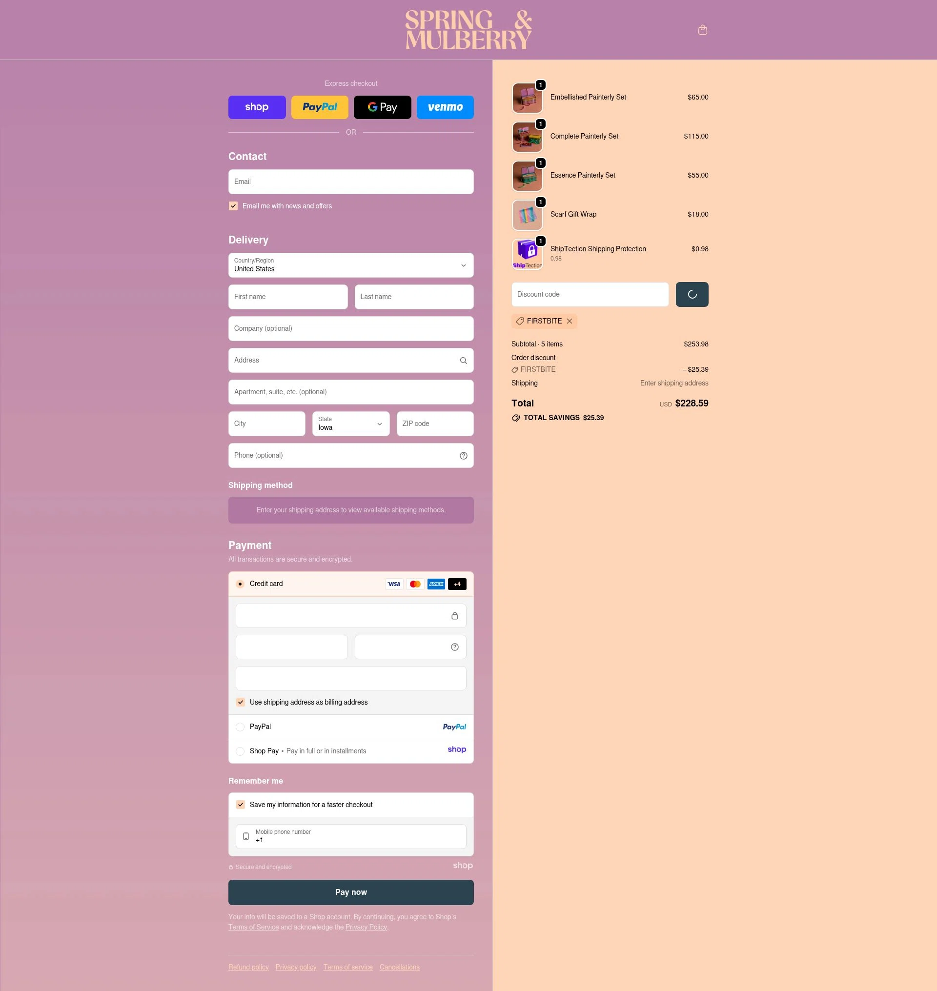 Spring & Mulberry checkout page showing Spring & Mulberry promo code box | Screenshot taken by SimplyCodes community member on Dec 16, 2025