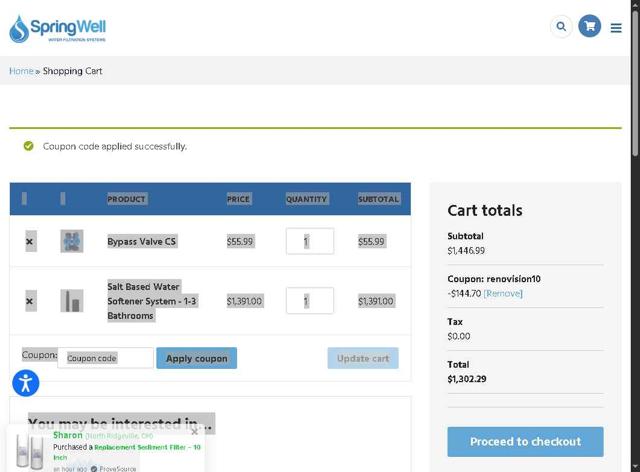 SpringWell checkout page showing SpringWell coupon code box | Screenshot taken by SimplyCodes community member on Sep 7, 2025
